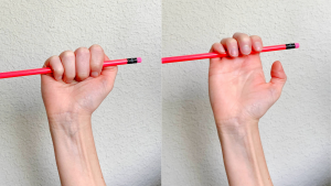 Image shows how to increase finger motion by holding pencil in fist and hook fist